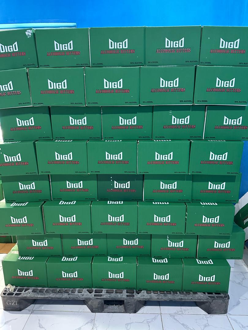 Pallets of Digo Alcoholic Bitters cartons ready for distribution